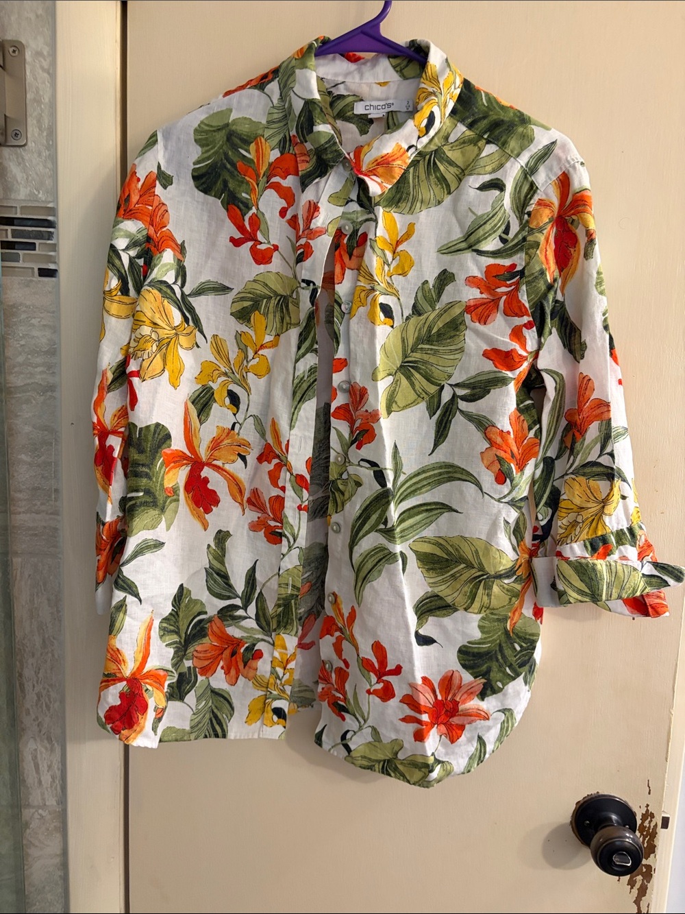 Chico's White Button-Down Shirt with Green, Orange & Yellow Floral Print